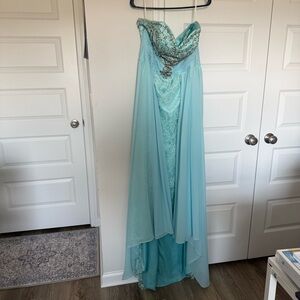 Strapless Aqua Prom Dress with Lace & Beaded Bodice
